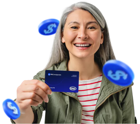 Foto de uma mulher sorrindo e segurando o cartão benefício do pb consignado.